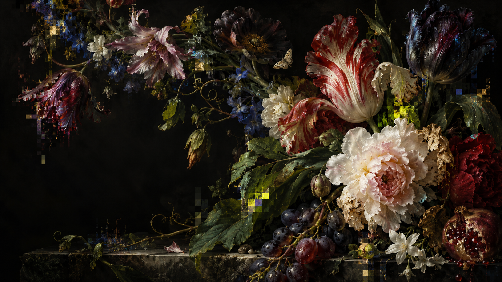 A nocturnal botanical still life dissolving into luminous digital fragments