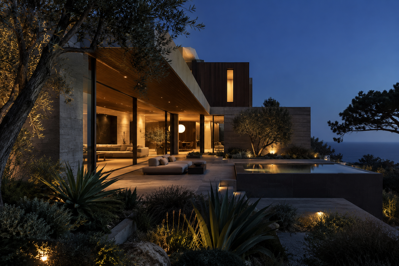Modern Southern California residence at blue hour