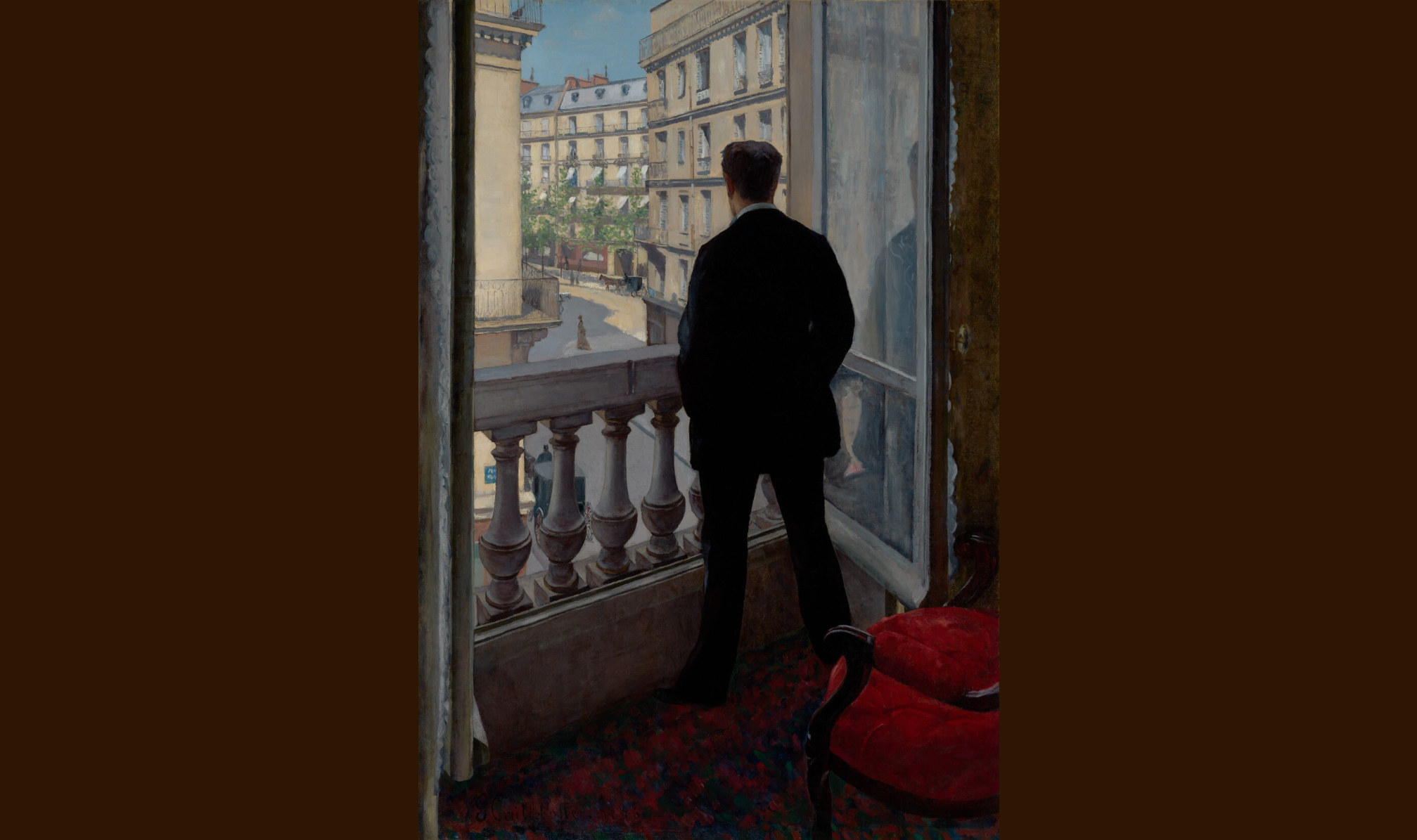 A suited figure looking across a city from an open balcony